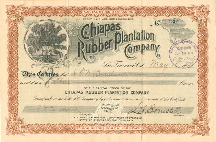 Chiapas Rubber Plantation Co. - Stock Certificate
